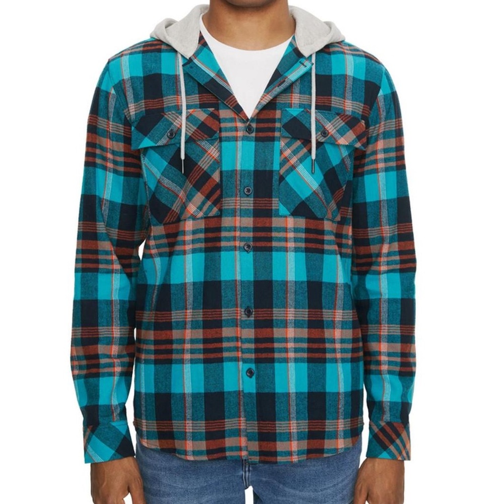 Eleven Paris Teal and Orange Plaid Hooded Shirt shacket